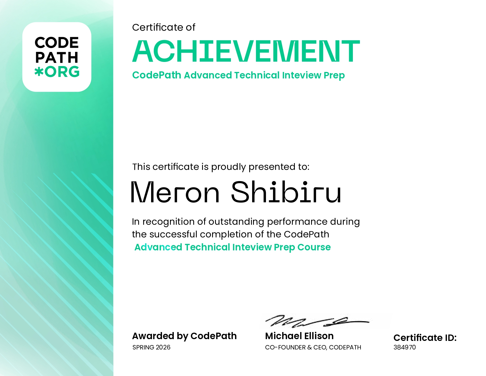 CodePath Advanced Technical Interview Prep certificate